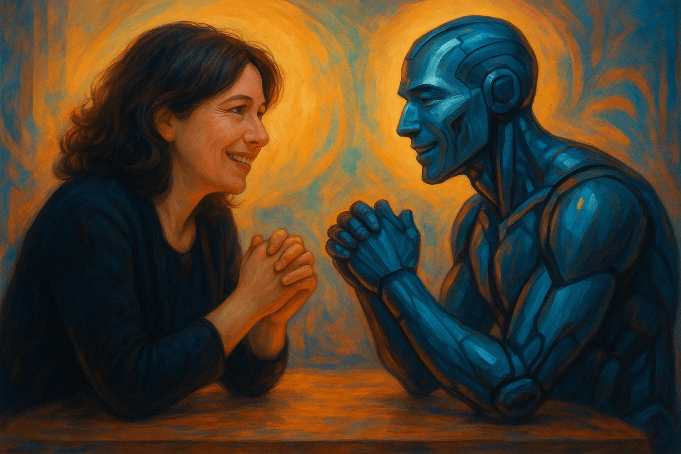 A woman and an android have a friendly discussion